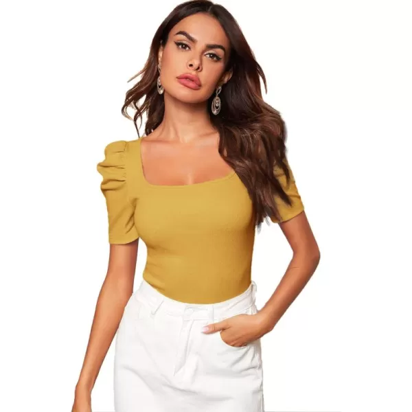 WDIRARA Women's Puff Sleeve Square Neck Short Sleeve Elegant Tee Top
