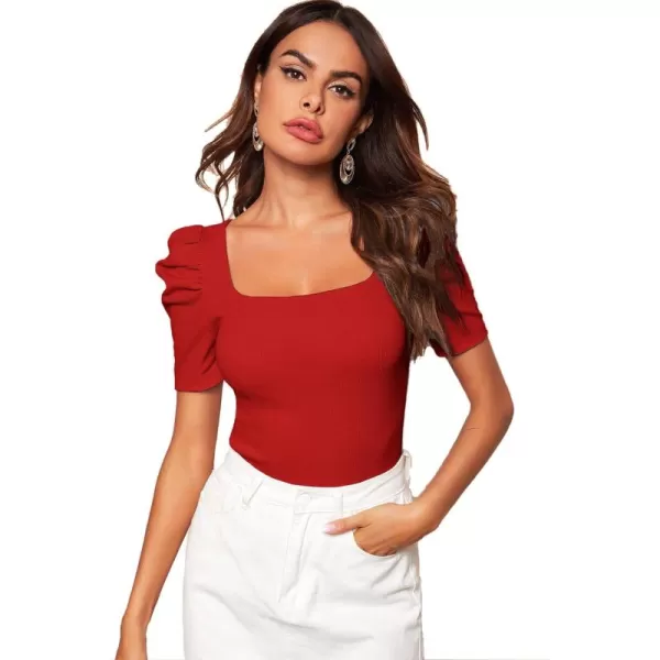 WDIRARA Women's Puff Sleeve Square Neck Short Sleeve Elegant Tee Top