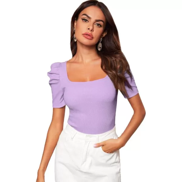 WDIRARA Women's Puff Sleeve Square Neck Short Sleeve Elegant Tee Top