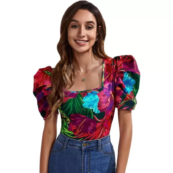 WDIRARA Women's Puff Sleeve Square Neck Short Sleeve Elegant Tee Top