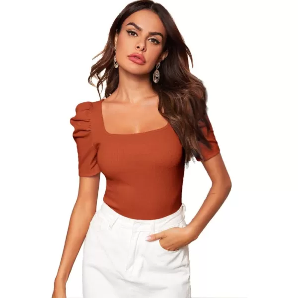 WDIRARA Women's Puff Sleeve Square Neck Short Sleeve Elegant Tee Top