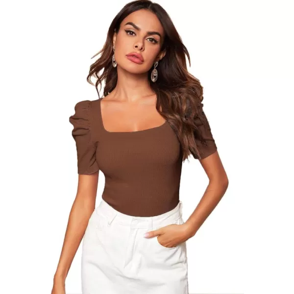 WDIRARA Women's Puff Sleeve Square Neck Short Sleeve Elegant Tee Top