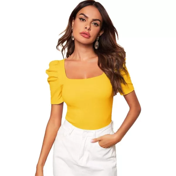 WDIRARA Women's Puff Sleeve Square Neck Short Sleeve Elegant Tee Top