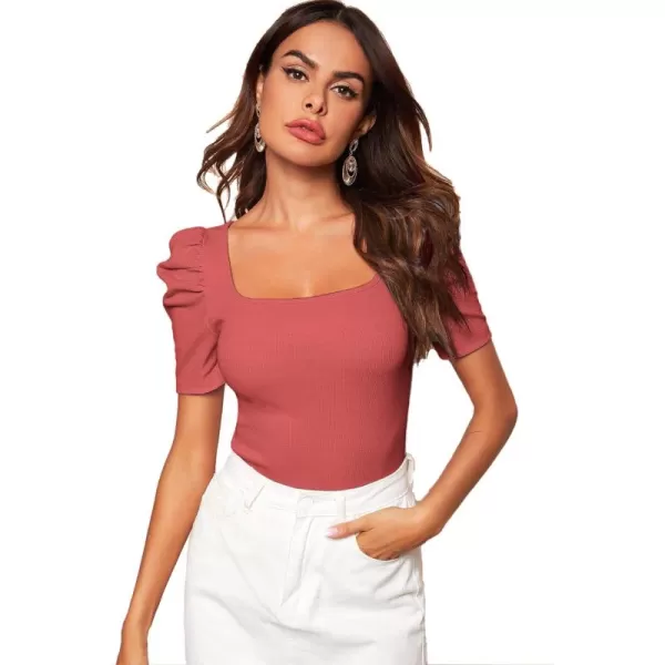 WDIRARA Women's Puff Sleeve Square Neck Short Sleeve Elegant Tee Top