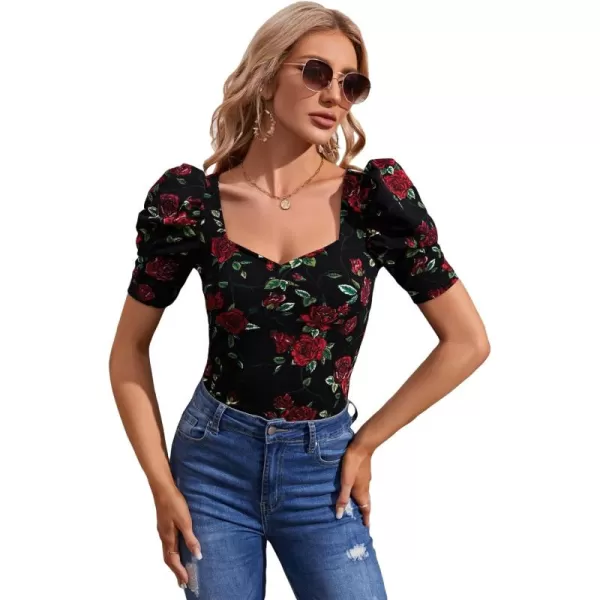 WDIRARA Women's Puff Sleeve Square Neck Short Sleeve Elegant Tee Top