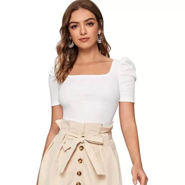 WDIRARA Women's Puff Sleeve Square Neck Short Sleeve Elegant Tee Top