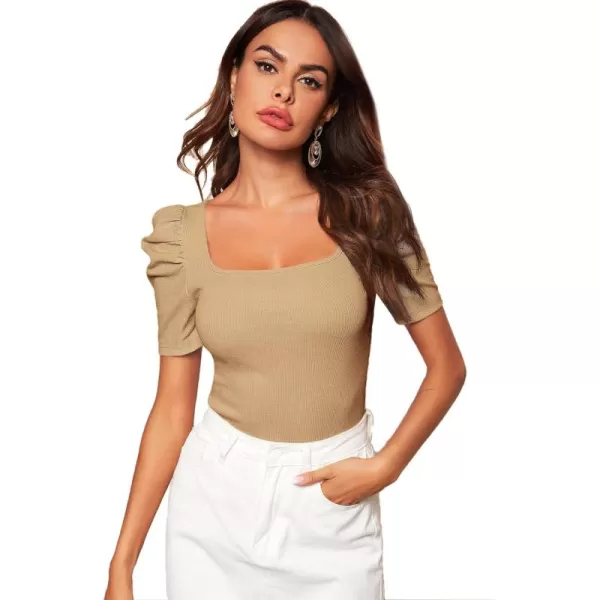 WDIRARA Women's Puff Sleeve Square Neck Short Sleeve Elegant Tee Top