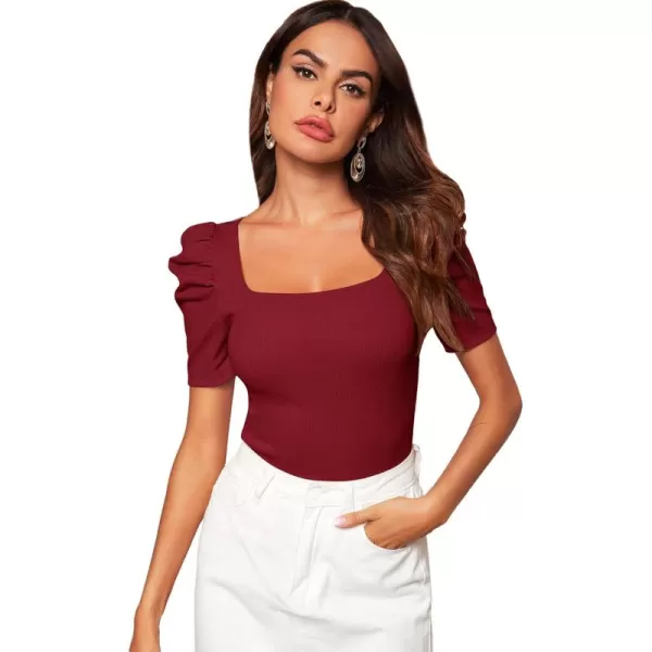 WDIRARA Women's Puff Sleeve Square Neck Short Sleeve Elegant Tee Top