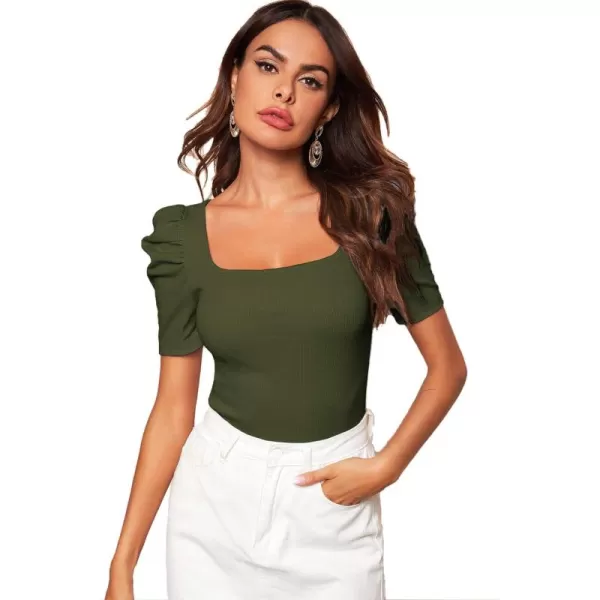 WDIRARA Women's Puff Sleeve Square Neck Short Sleeve Elegant Tee Top