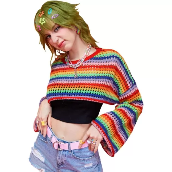 WDIRARA Women's Rainbow Striped Round Neck Long Sleeve Crop Sweater Casual Knit Pullovers