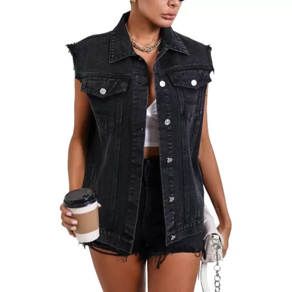 WDIRARA Women's Raw Trim Sleeveless Jean Vest Button Down Casual Denim Vest Jacket