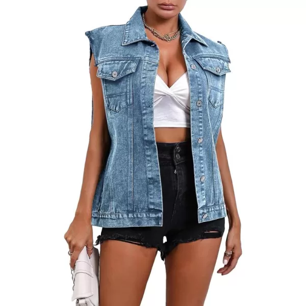WDIRARA Women's Raw Trim Sleeveless Jean Vest Button Down Casual Denim Vest Jacket