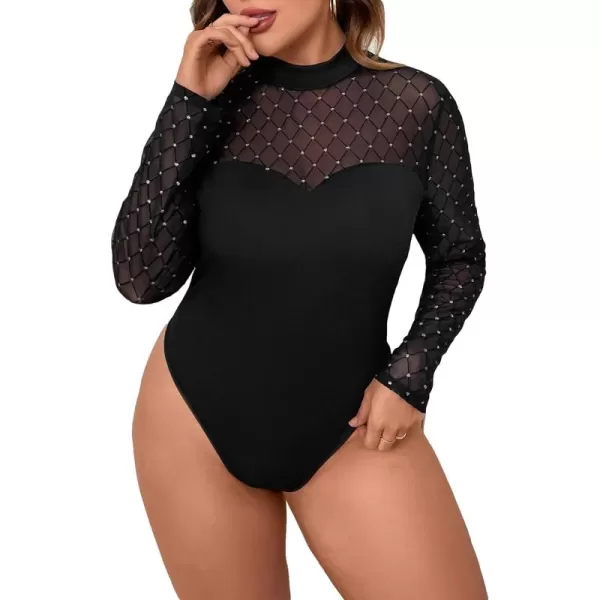 WDIRARA Women's Rhinestone Contrast Mesh Insert Mock Neck Long Sleeve Bodysuit Rompers
