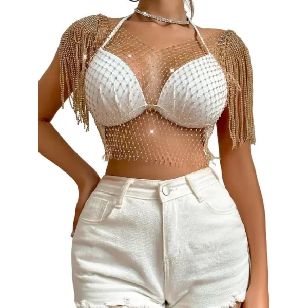 WDIRARA Women's Rhinestone Fringe Trim Fishnet Sheer Mesh See Through Party Club Crop Top