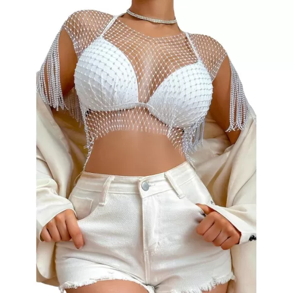 WDIRARA Women's Rhinestone Fringe Trim Fishnet Sheer Mesh See Through Party Club Crop Top