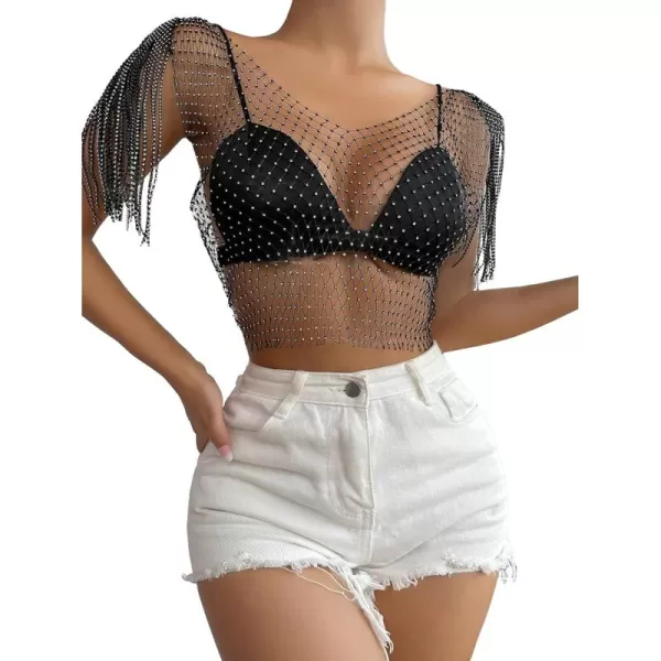 WDIRARA Women's Rhinestone Fringe Trim Fishnet Sheer Mesh See Through Party Club Crop Top