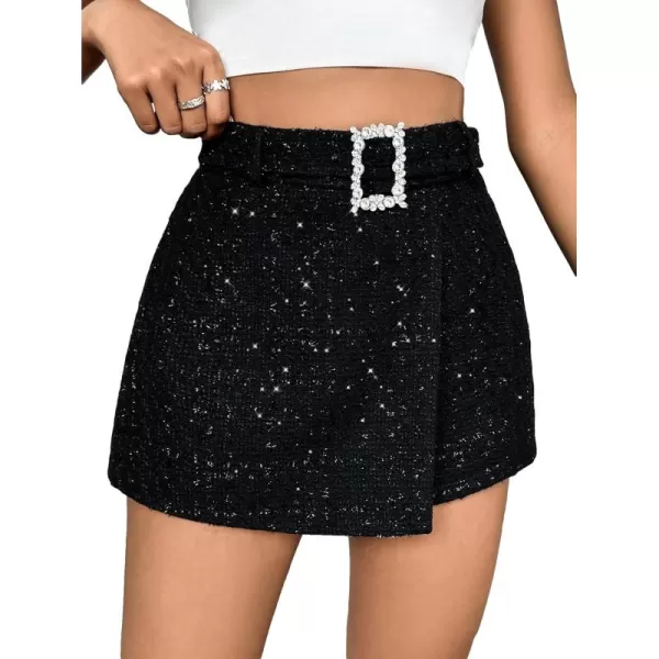 WDIRARA Women's Rhinestone High Waist Belted Sequin Skort Wrap Hem Shorts
