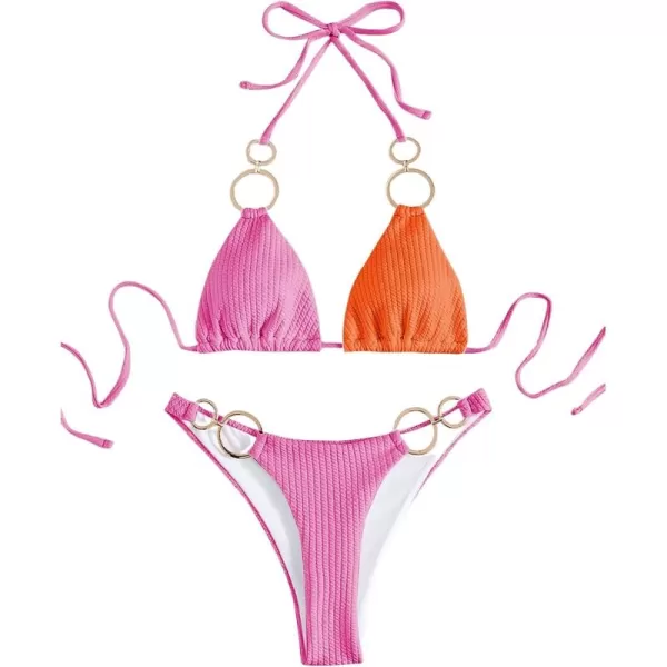 WDIRARA Women's Ring Halter Bikini Swimsuit 2 Piece Tie Back Bathing Suit