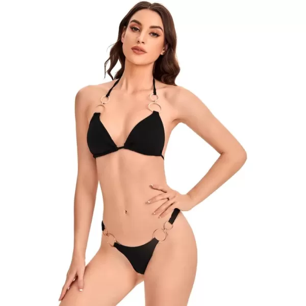 WDIRARA Women's Ring Halter Bikini Swimsuit 2 Piece Tie Back Bathing Suit