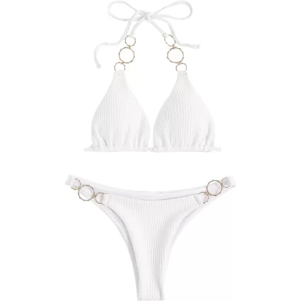 WDIRARA Women's Ring Halter Bikini Swimsuit 2 Piece Tie Back Bathing Suit