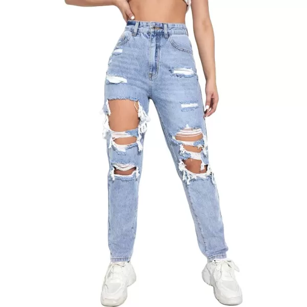 WDIRARA Women's Ripped Detail Boyfriend Loose Jeans Casual Tapered Long Denim Pants