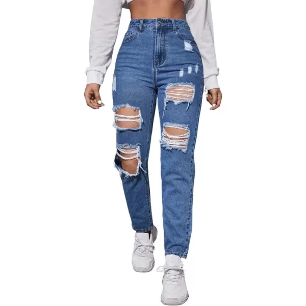 WDIRARA Women's Ripped Detail Boyfriend Loose Jeans Casual Tapered Long Denim Pants