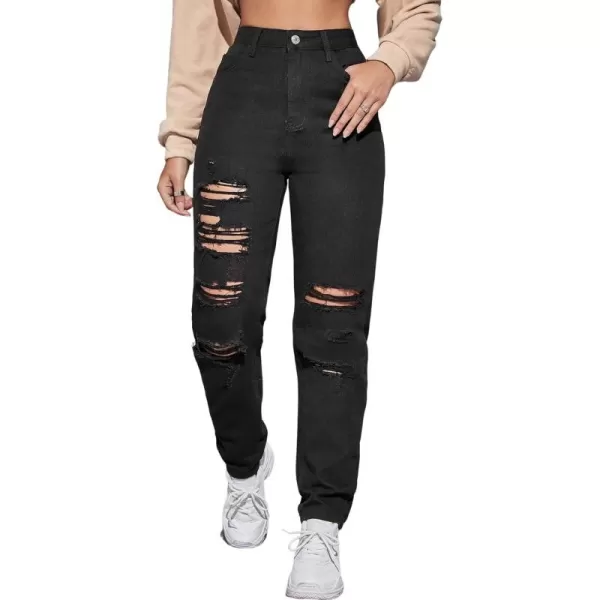 WDIRARA Women's Ripped Detail Boyfriend Loose Jeans Casual Tapered Long Denim Pants