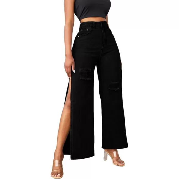 WDIRARA Women's Ripped High Slit Wide Leg Distressed High Waisted Loose Jeans Pants