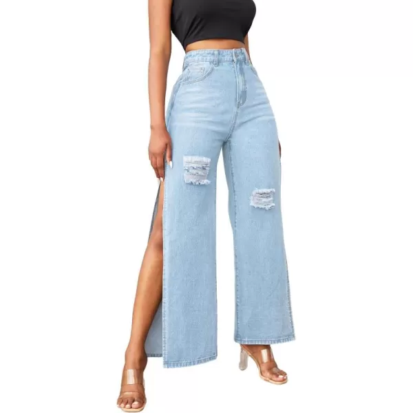 WDIRARA Women's Ripped High Slit Wide Leg Distressed High Waisted Loose Jeans Pants