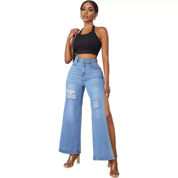 WDIRARA Women's Ripped High Slit Wide Leg Distressed High Waisted Loose Jeans Pants