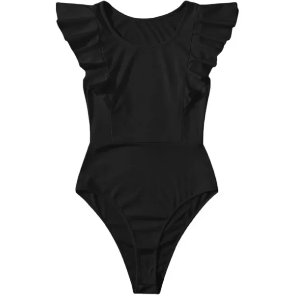 WDIRARA Women's Ruffle Cap Sleeve Scoop Neck Skinny Bodysuit Casual Tops Shirt