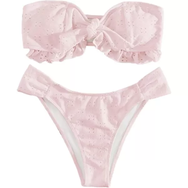 WDIRARA Women's Ruffle Knot Front Bandeau Bikini Set 2 Piece Strapless Swimsuit