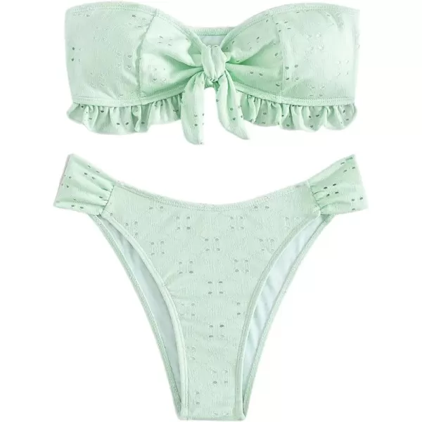 WDIRARA Women's Ruffle Knot Front Bandeau Bikini Set 2 Piece Strapless Swimsuit