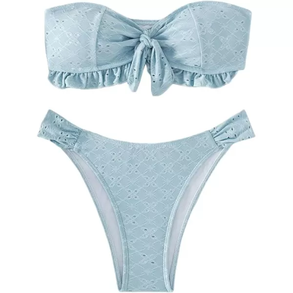 WDIRARA Women's Ruffle Knot Front Bandeau Bikini Set 2 Piece Strapless Swimsuit
