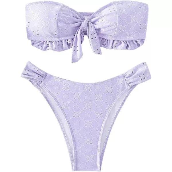 WDIRARA Women's Ruffle Knot Front Bandeau Bikini Set 2 Piece Strapless Swimsuit