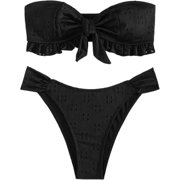 WDIRARA Women's Ruffle Knot Front Bandeau Bikini Set 2 Piece Strapless Swimsuit