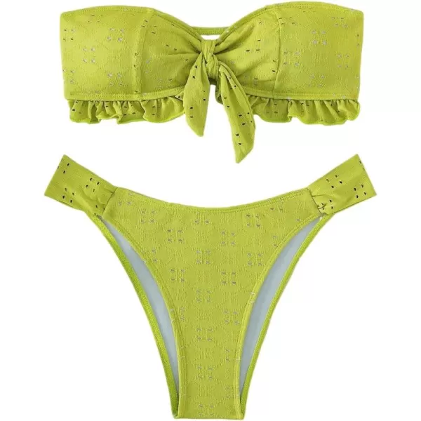 WDIRARA Women's Ruffle Knot Front Bandeau Bikini Set 2 Piece Strapless Swimsuit