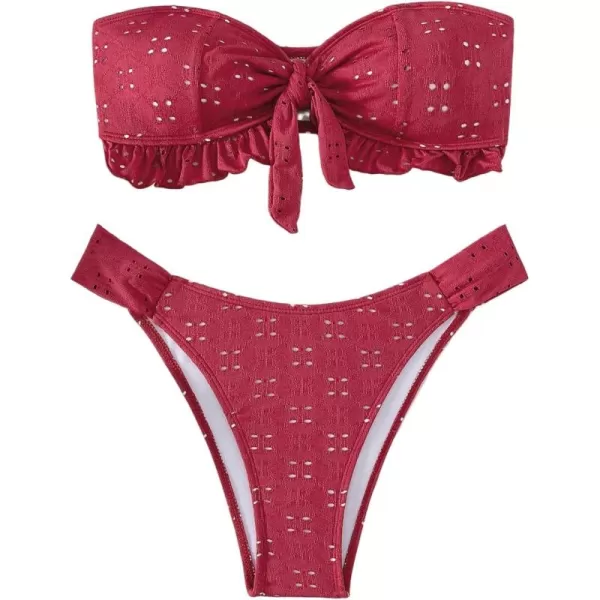 WDIRARA Women's Ruffle Knot Front Bandeau Bikini Set 2 Piece Strapless Swimsuit