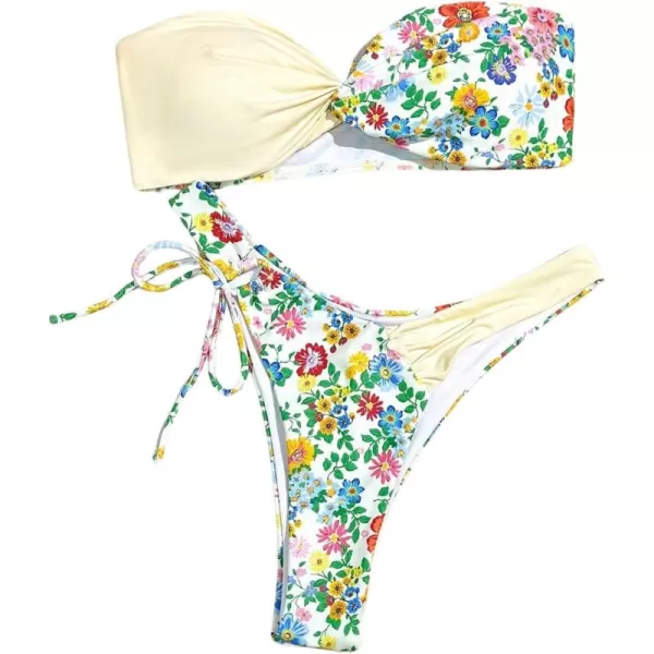 WDIRARA Women's Ruffle Knot Front Bandeau Bikini Set 2 Piece Strapless Swimsuit