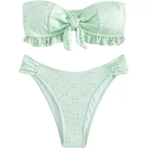 WDIRARA Women's Ruffle Knot Front Bandeau Bikini Set 2 Piece Strapless Swimsuit