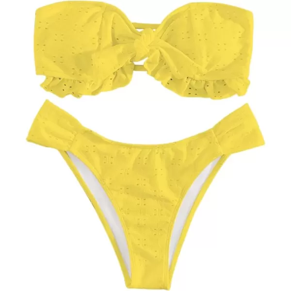 WDIRARA Women's Ruffle Knot Front Bandeau Bikini Set 2 Piece Strapless Swimsuit