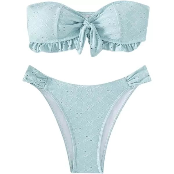 WDIRARA Women's Ruffle Knot Front Bandeau Bikini Set 2 Piece Strapless Swimsuit
