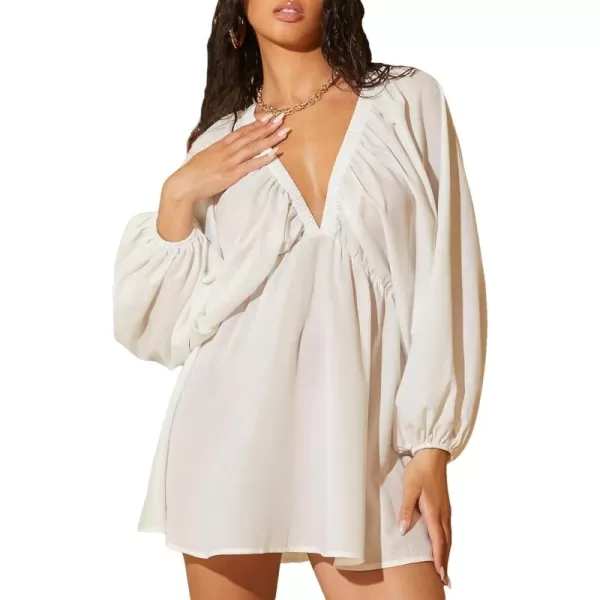 WDIRARA Women's Ruffle Trim Tie Back Lantern Long Sleeve Deep V Neck Casual Loose Dress