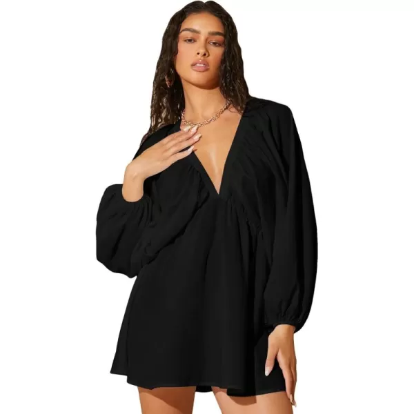 WDIRARA Women's Ruffle Trim Tie Back Lantern Long Sleeve Deep V Neck Casual Loose Dress