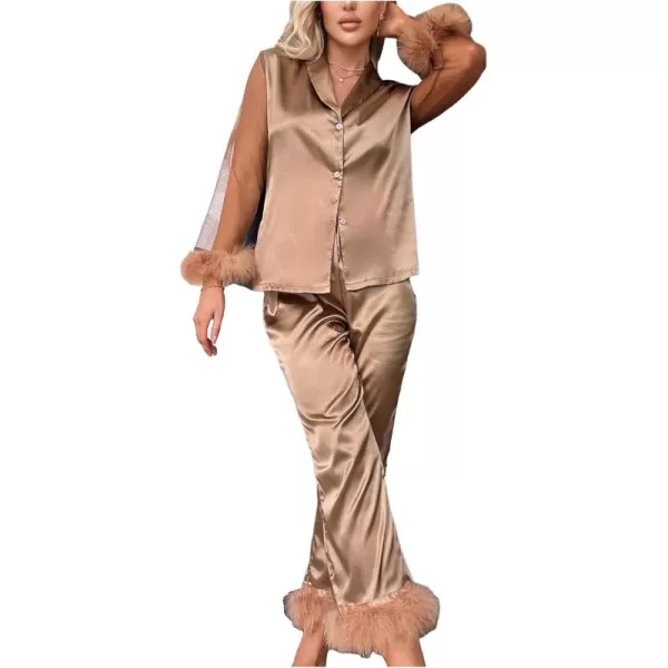 WDIRARA Women's Satin Fuzzy Trim Mesh Long Sleeve Button Down Pajamas Pants Set Sleepwear