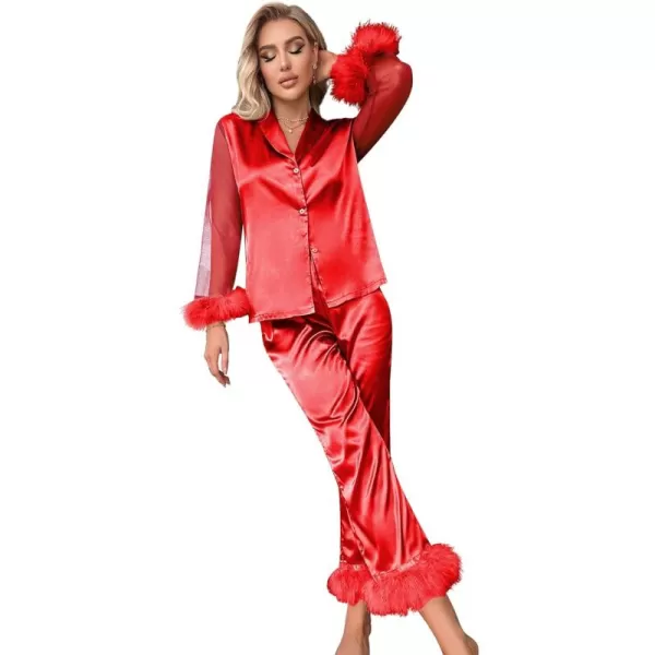 WDIRARA Women's Satin Fuzzy Trim Mesh Long Sleeve Button Down Pajamas Pants Set Sleepwear