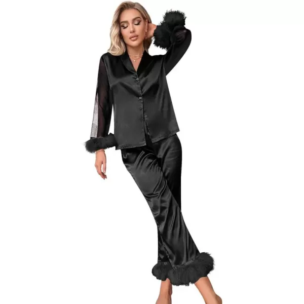 WDIRARA Women's Satin Fuzzy Trim Mesh Long Sleeve Button Down Pajamas Pants Set Sleepwear