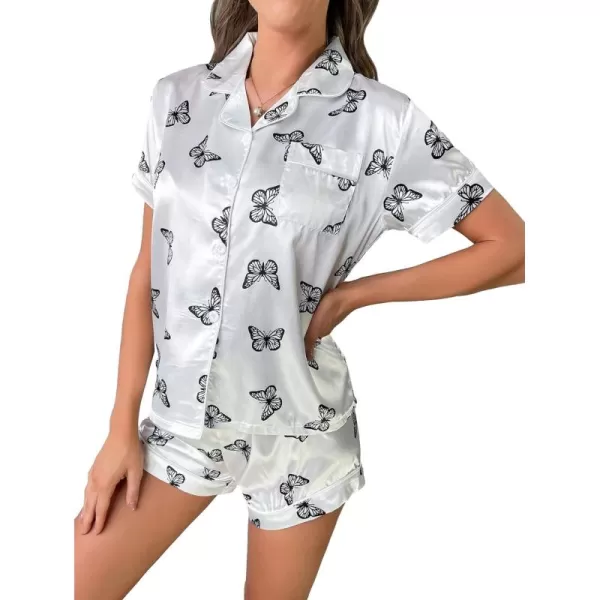 WDIRARA Women's Satin Heart Print Short Sleeve Button Down Flamingo Pajamas Shorts Set