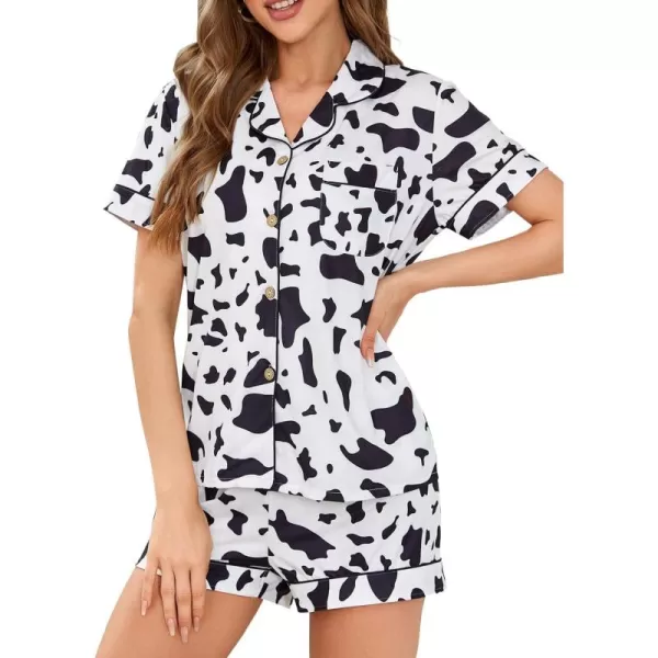 WDIRARA Women's Satin Heart Print Short Sleeve Button Down Flamingo Pajamas Shorts Set