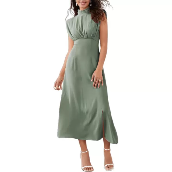 WDIRARA Women's Satin Mock Neck Sleeveless Shoulder Pad High Waist Flared Hem A Line Midi Dress